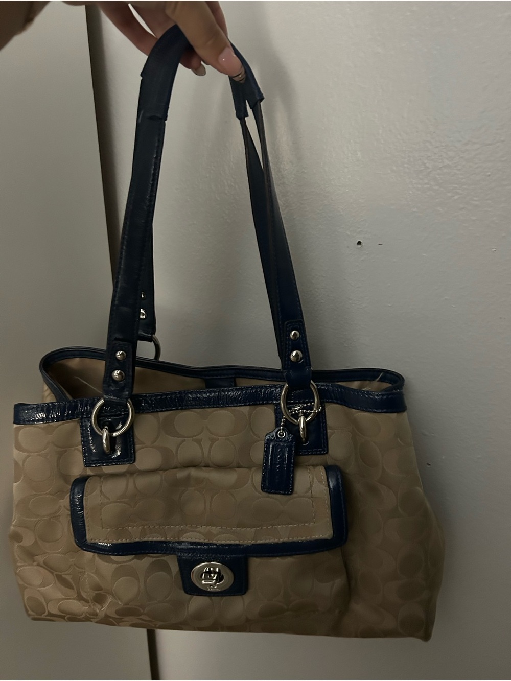 Coach Beige Signature Shoulder Bag with Navy Trim